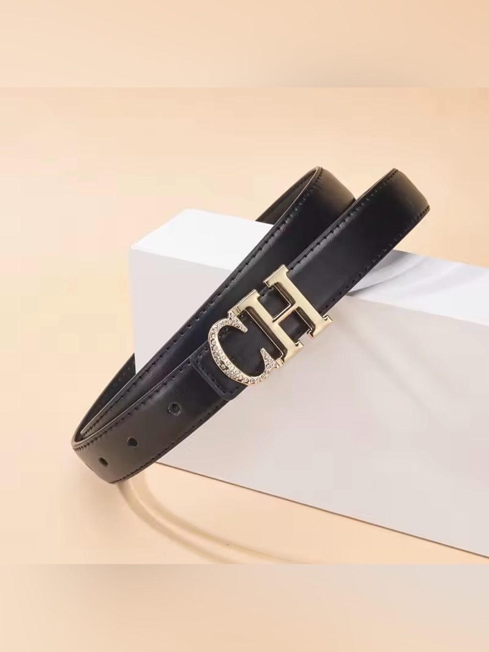 CH Crystal Initial Black Leather Belt with Gold H-tone Buckle
